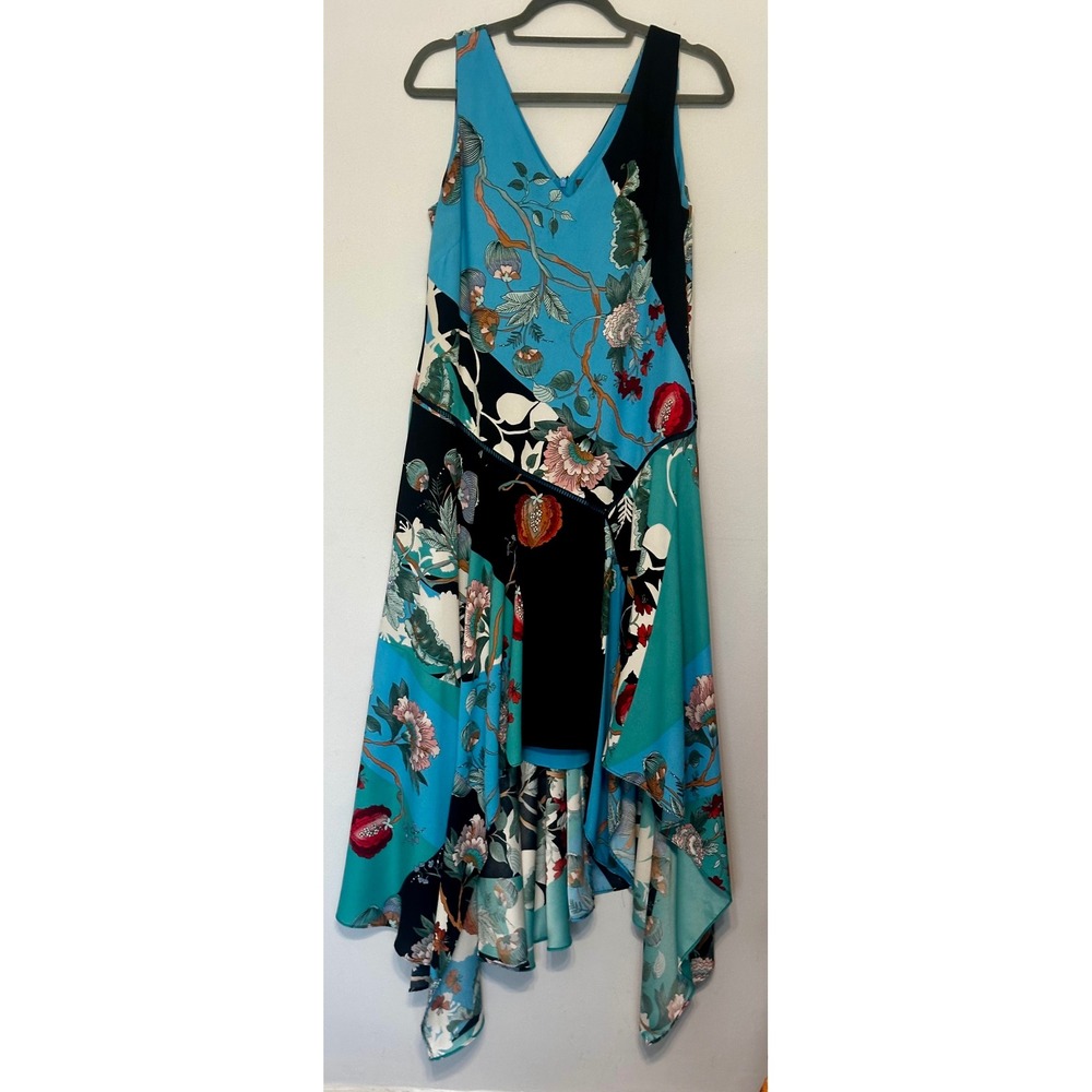Taylor Floral Handkerchief Hem Midi Dress Turquoise Black V-Neck Size 10